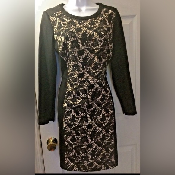 CLUB MONACO Ashton Ponte Knit Dress Leaf Floral Black Exposed Zipper Long Sleeve - Picture 2 of 13